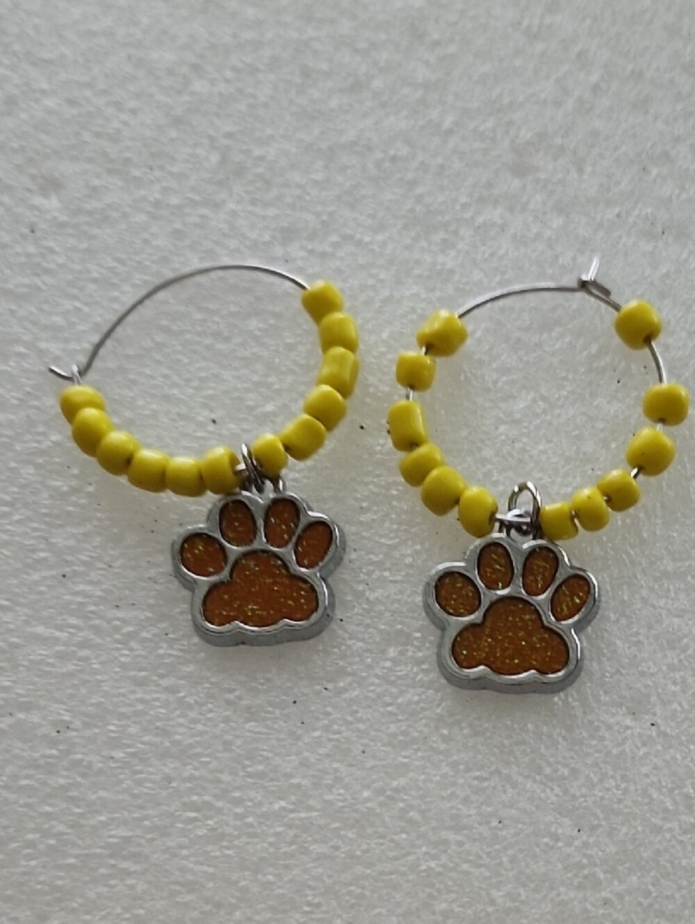 Hand Crafted Yellow Beaded Hoop Earrings with Orange Paw Charms